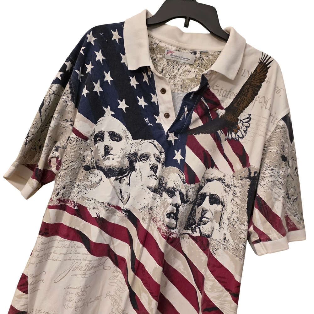 Vintage 90s American Summer Mens XL Polo Mount Rushmore Eagle Flag Patriotic AOP
